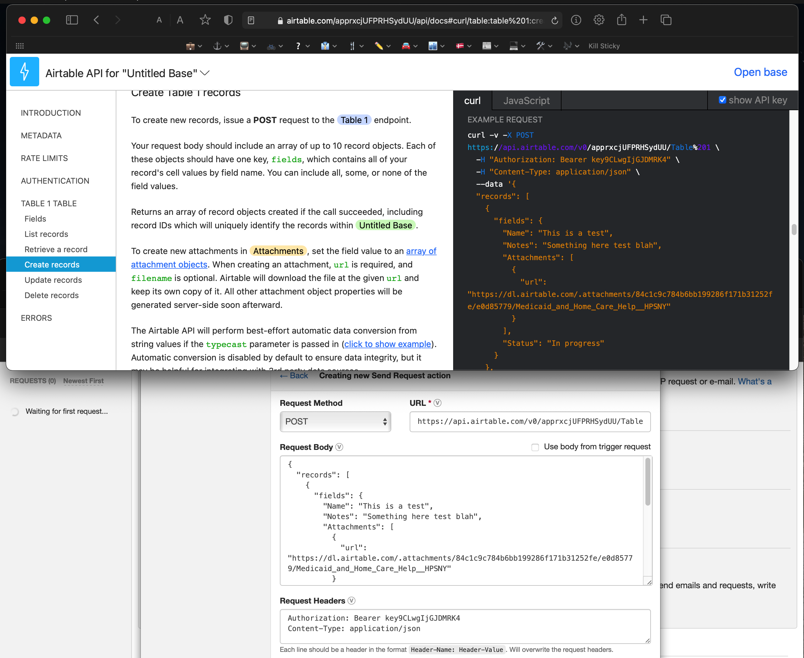 Creating an Airtable row using the API documentation