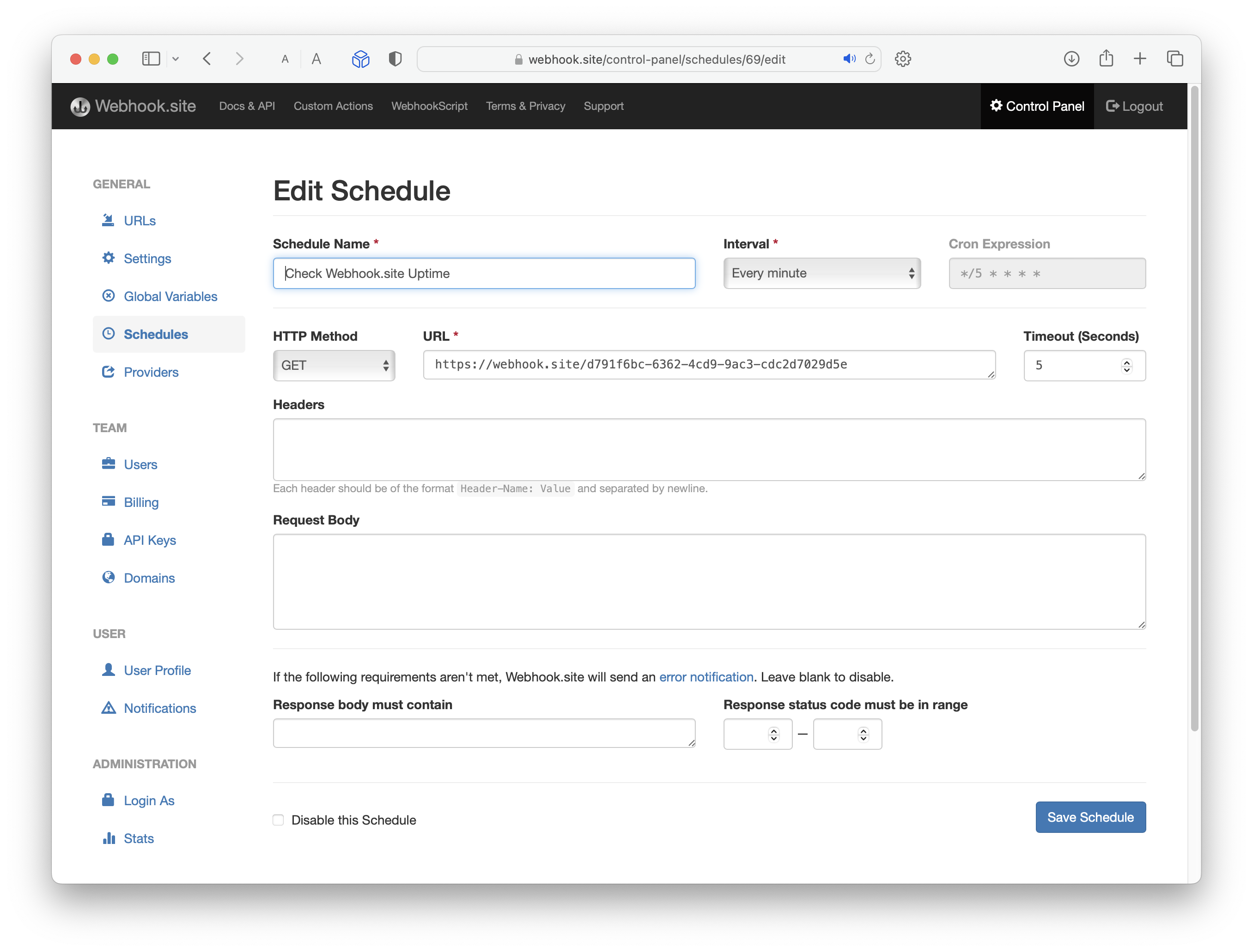 Schedules Webhook site Docs